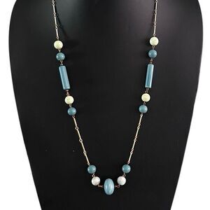 Vintage Station Necklace Women's 26" Blue & Cream Art Deco Beads Bar Chain